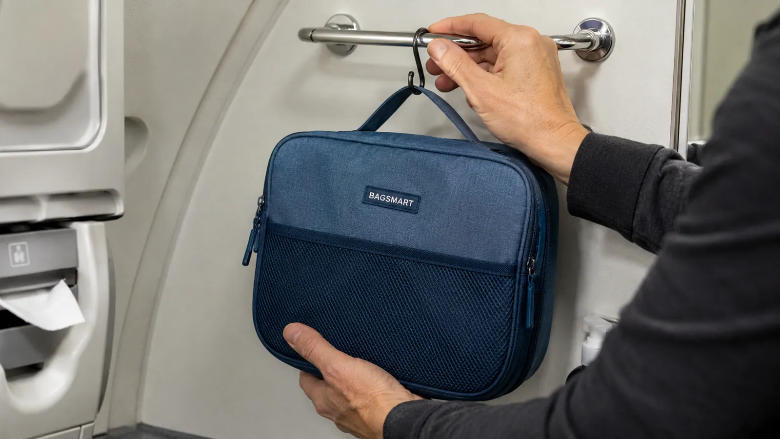 Hand clipping a hanging toiletry bag hook over a towel rail in a compact airplane lavatory