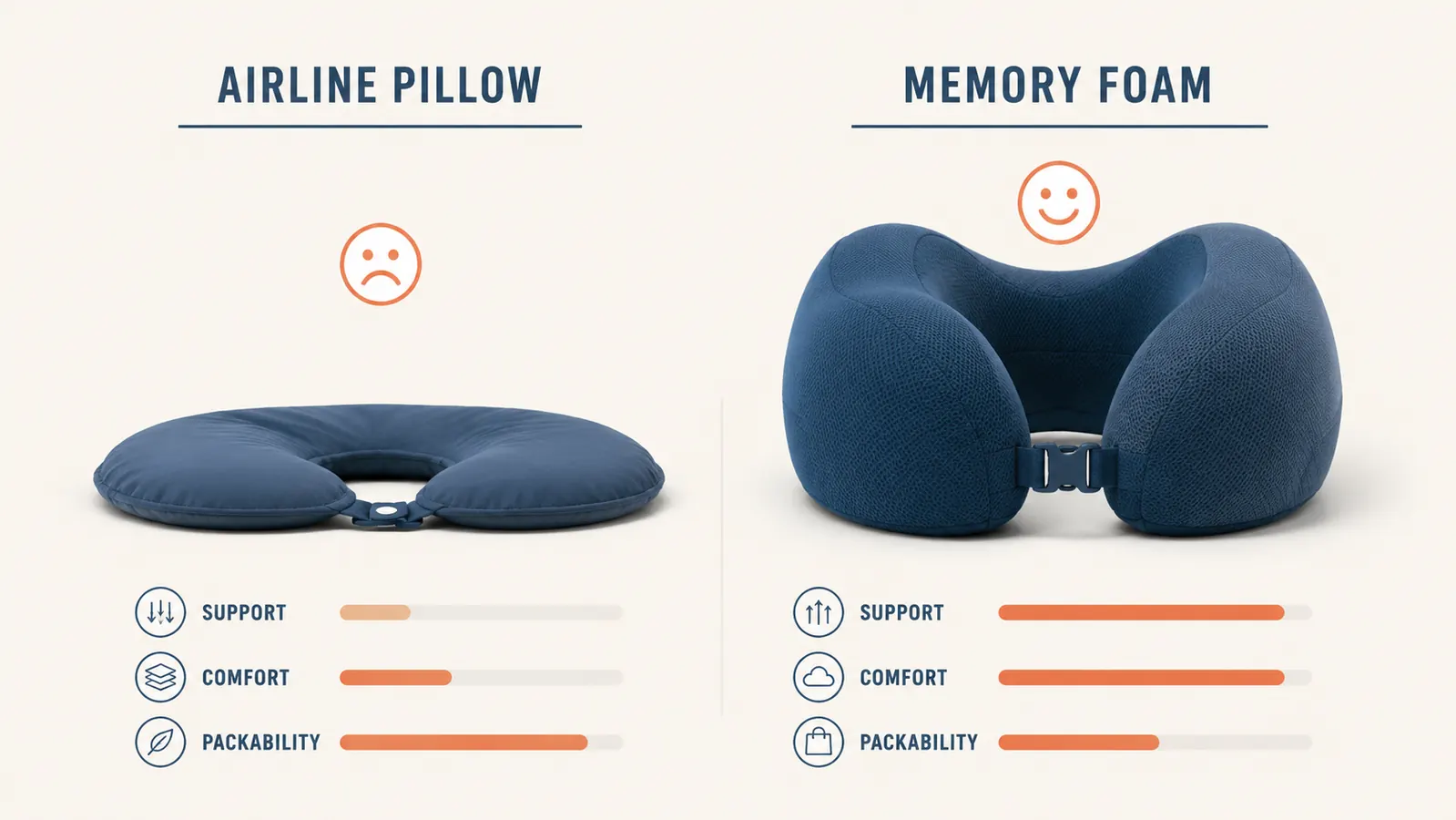 Side-by-side comparison showing a flat airline-issued neck pillow vs a memory foam travel pillow with visible loft and support
