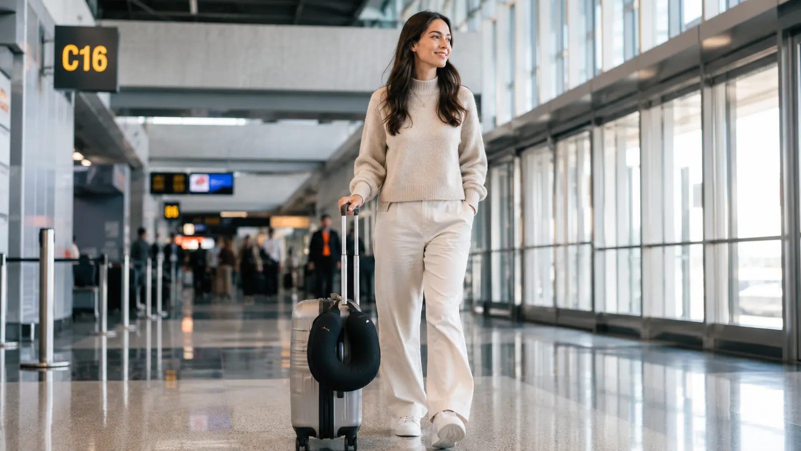 Person walking through a busy airport terminal with a memory foam travel pillow clipped to the outside of a carry-on bag