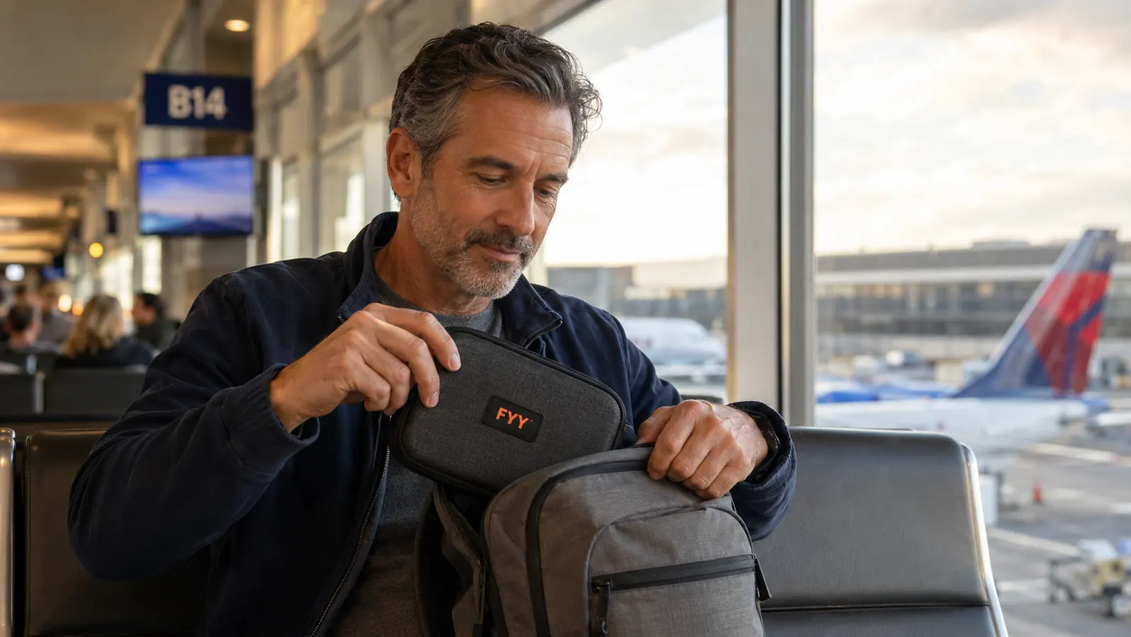 Traveler pulling the FYY cable organizer from a carry-on backpack at an airport gate