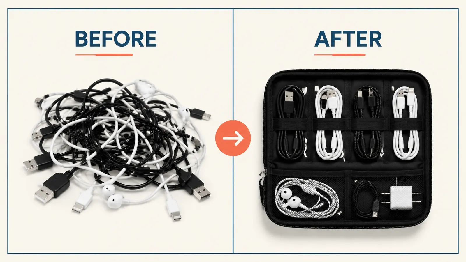 Side-by-side comparison showing tangled cable mess on the left versus neatly organized cables in a pouch on the right