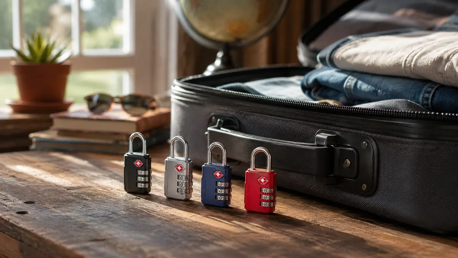Four small combination locks lined up on a wooden surface next to a packed suitcase
