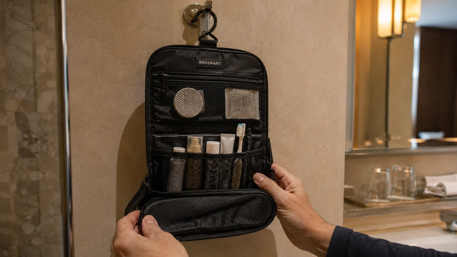 Hands unzipping the BAGSMART toiletry bag to reveal neatly arranged compartments with travel-size bottles and cosmetics