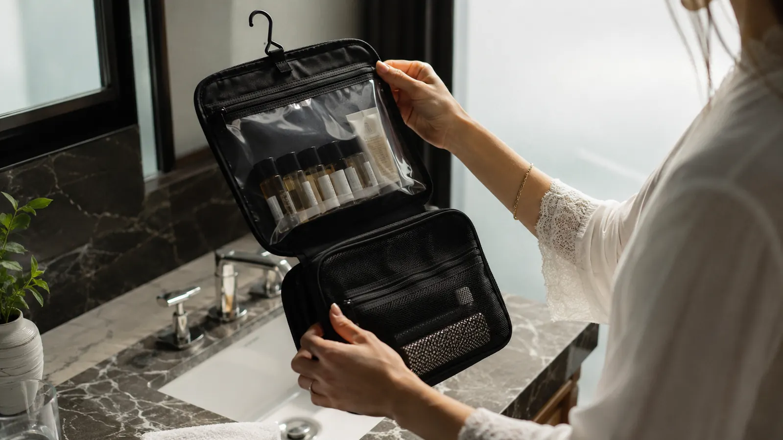 Traveler holding BAGSMART toiletry bag over a bathroom sink with toiletries visible through the clear window pocket