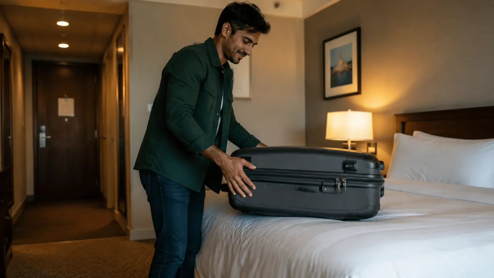 Traveler lifting a suitcase onto a hotel bed, luggage lock still attached to zipper