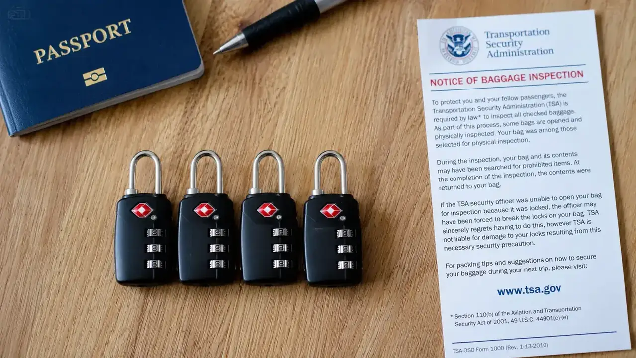 Four Forge TSA locks in a row on a packing table next to a TSA-printed inspection notice slip