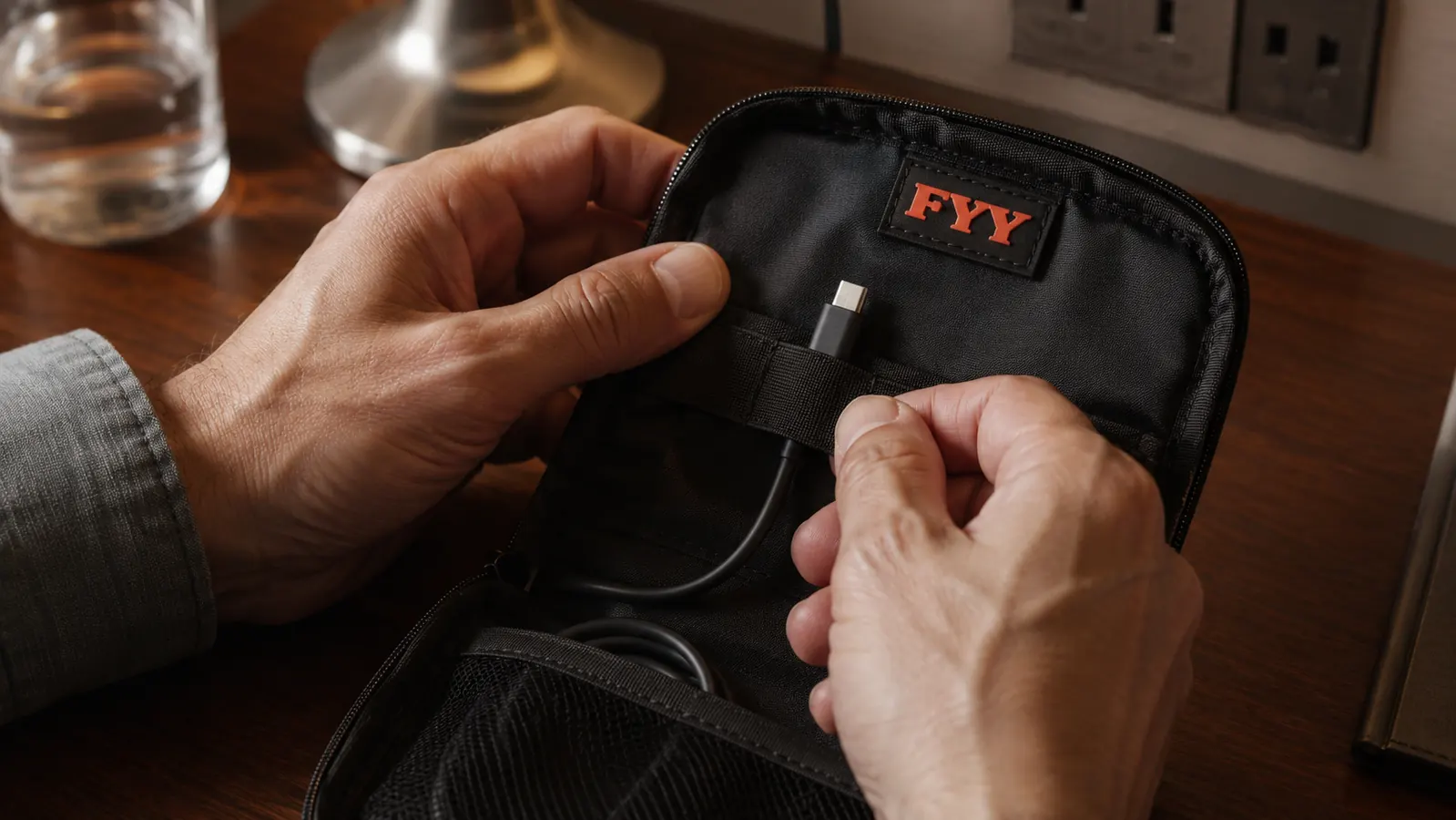 Close-up of someone feeding a USB-C cable through one of the elastic loops inside the FYY organizer top layer