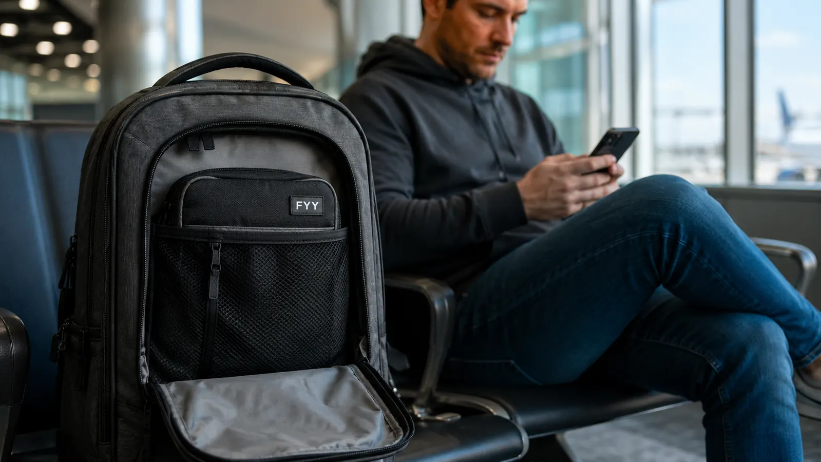 FYY organizer zipped closed and placed inside the front mesh pocket of a travel backpack
