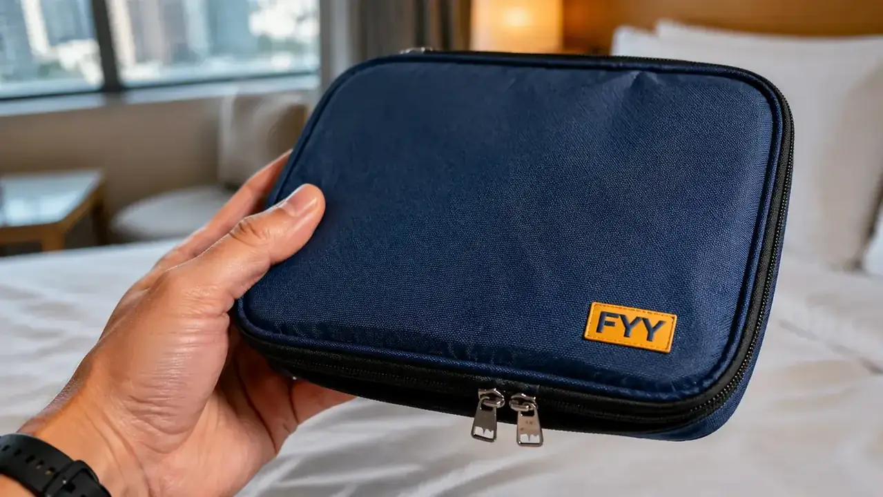 Close-up of the FYY organizer's waterproof exterior and metal zipper pulls after extended use, showing minimal wear