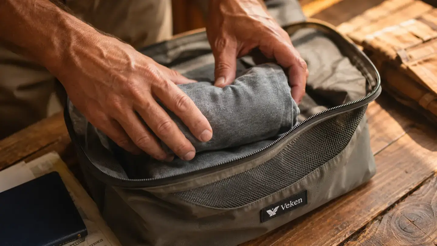 Hands placing a rolled shirt into a Veken packing cube on a wooden surface