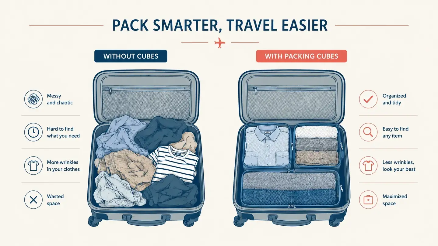 Side-by-side diagram showing a disorganized suitcase versus a suitcase using packing cubes