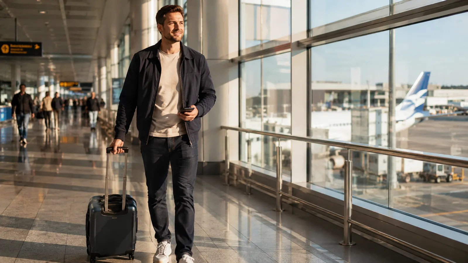 Traveler pulling a compact carry-on suitcase through a bright airport terminal