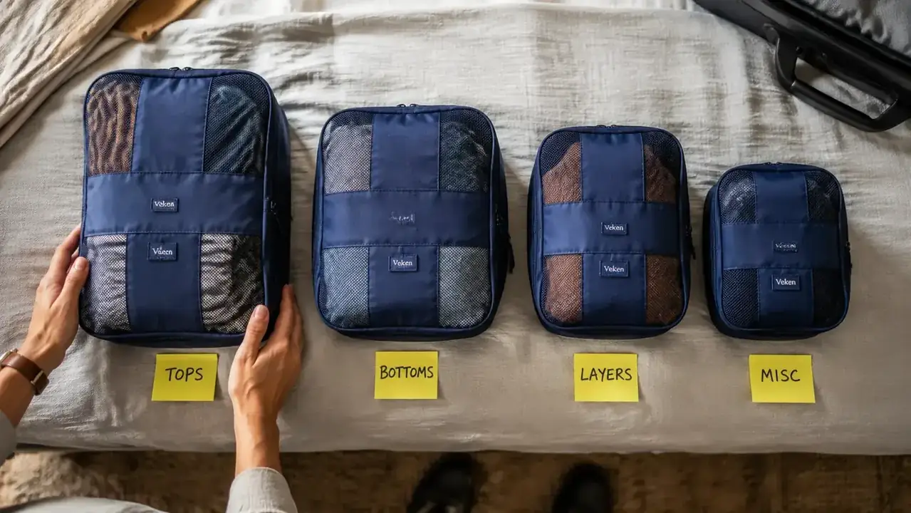 Veken packing cubes laid out in a row showing different sizes for a seven-day trip