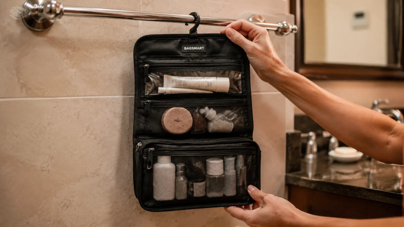Hand hooking a BAGSMART hanging toiletry bag over a hotel bathroom towel bar, bag fully unfolded showing compartments