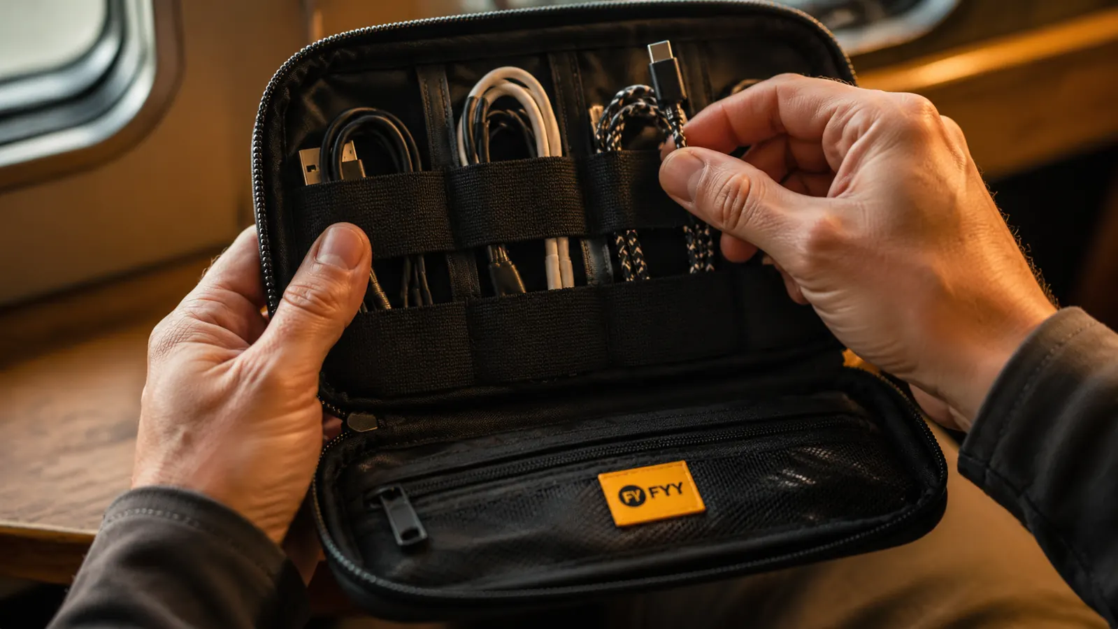 Hands placing a USB-C cable into the elastic loop inside the FYY electronics organizer bag