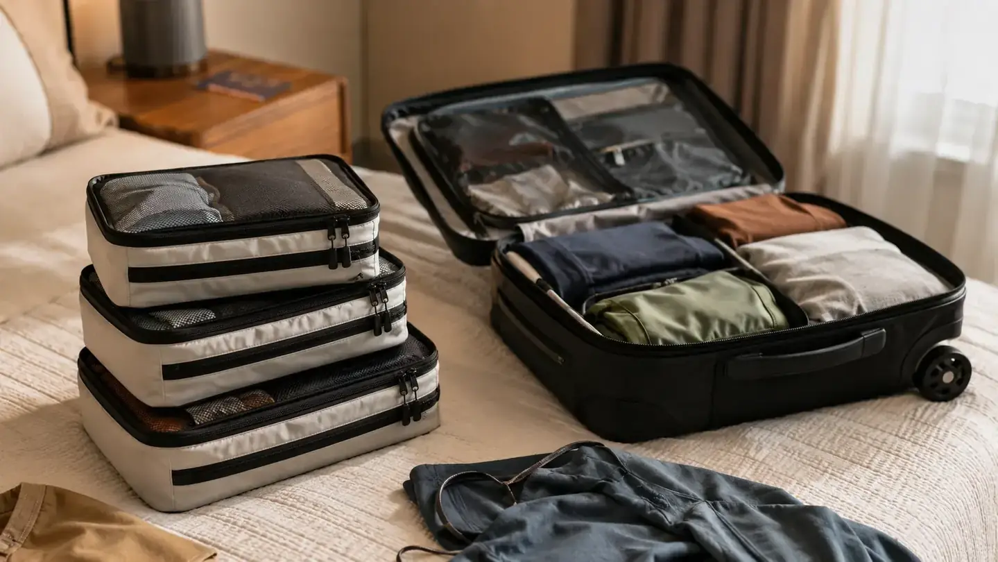 Stack of packing cubes laid out on a bed next to an open carry-on bag