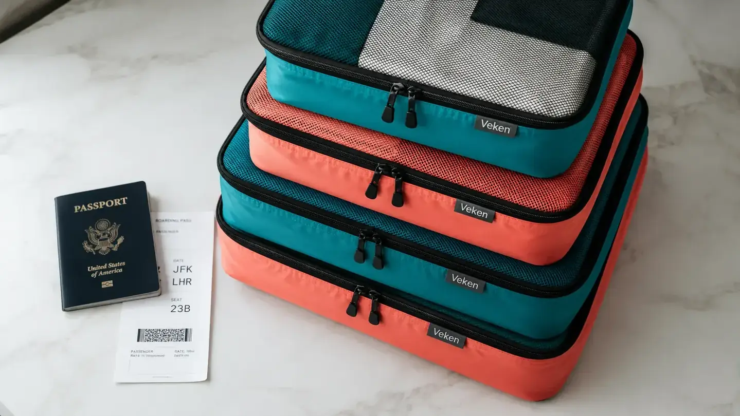 Stack of Veken packing cubes in alternating colors beside a passport and boarding pass