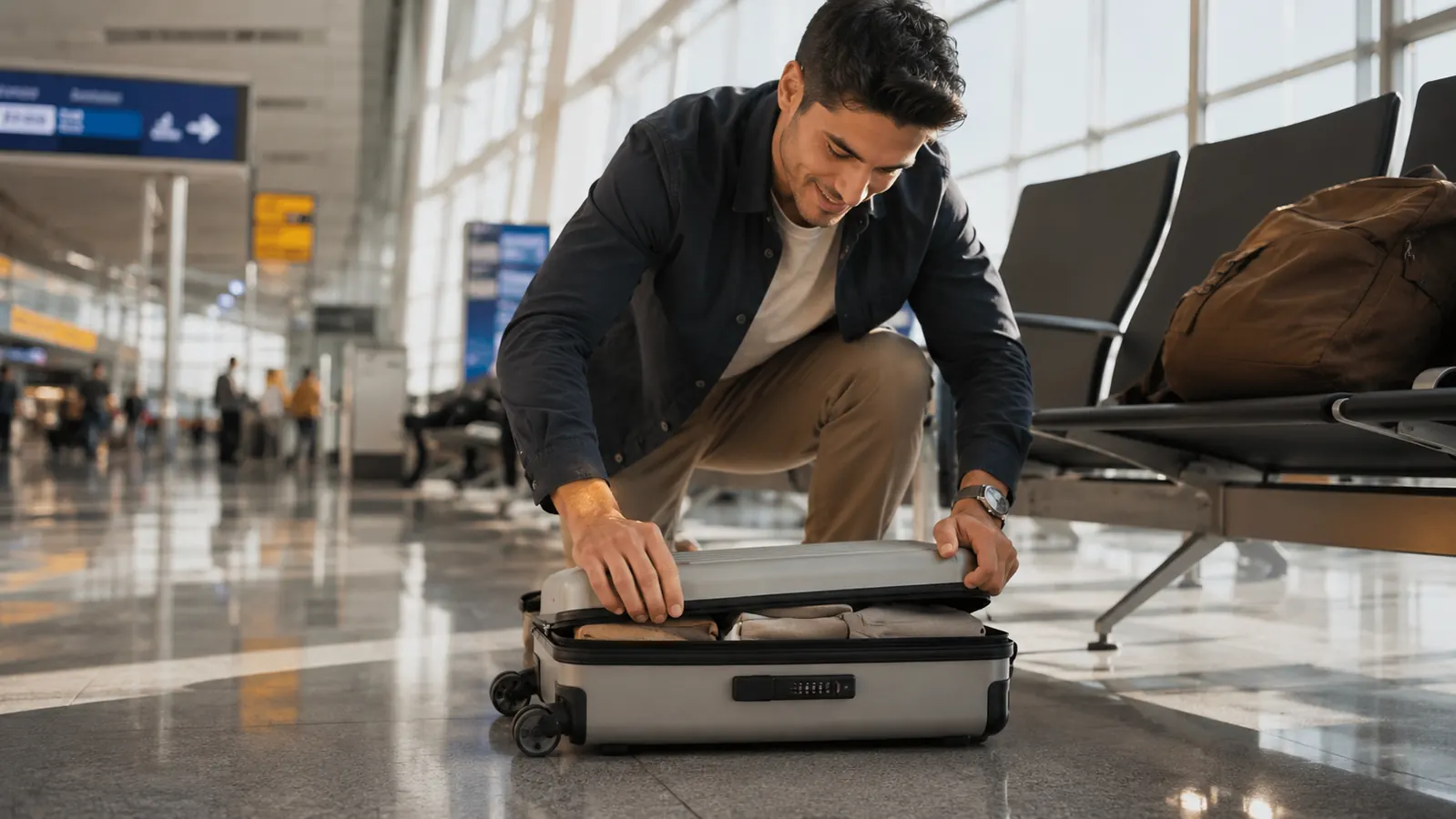 Traveler zipping closed a suitcase that is packed full with packing cubes, at an airport departure area
